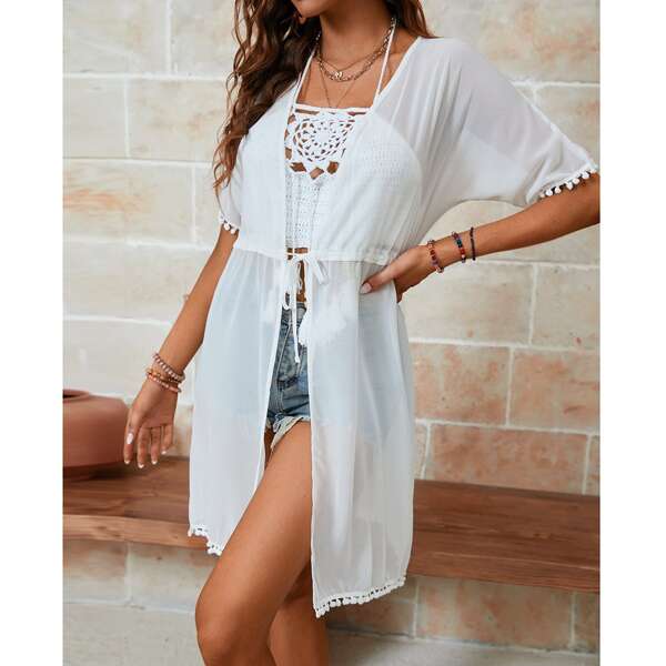 

Solid Sheer Pom-pom Kimono, White
