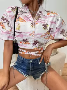 SHEIN Unity 風景圖案繫帶襯衫 - 彩色 - 查看 1