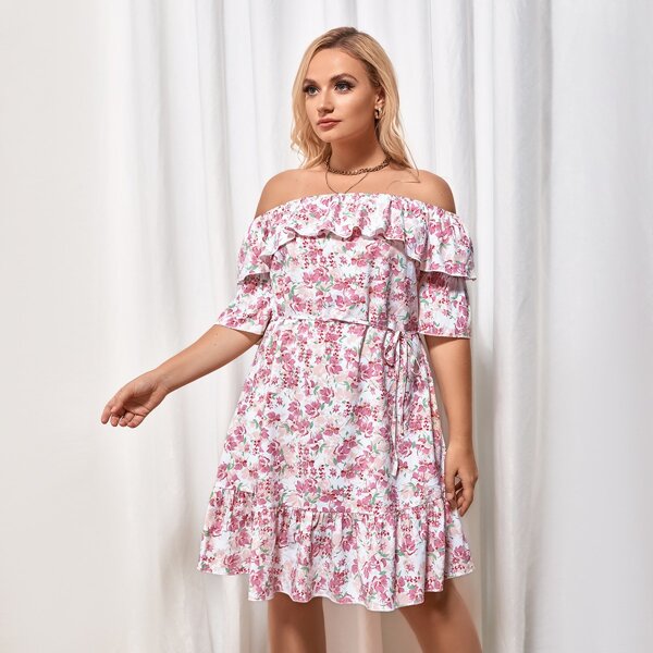 

Plus Allover Floral Print Ruffle Hem Off Shoulder Dress With Belt, Multicolor