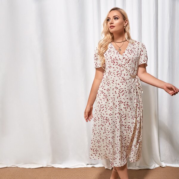 

Plus Heart Print Knot Wrap Dress, White