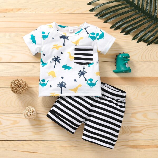 

Baby Boy Tropical Print Tee & Stripe Shorts, Black and white