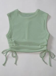 Plus Drawstring Side Rib Knit Tank Top - Green - View 2