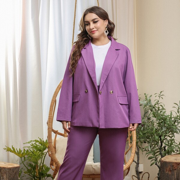 

Plus Lapel Collar Double Breasted Blazer, Purple