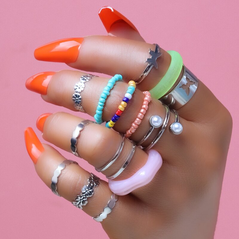 

14pcs Beaded Decor Ring, Multicolor