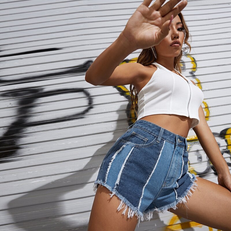 

Raw Hem Colorblock Denim Shorts, Medium wash