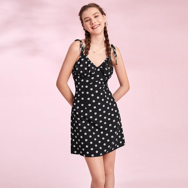 

Ditsy Floral Tie Shoulder Cami Dress, Black