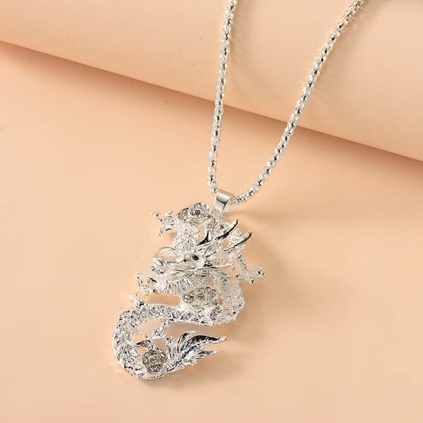 

Rhinestone Dragon Charm Necklace, Silver