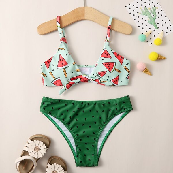 

Girls Watermelon Print Knot Front Bikini Swimsuit, Multicolor