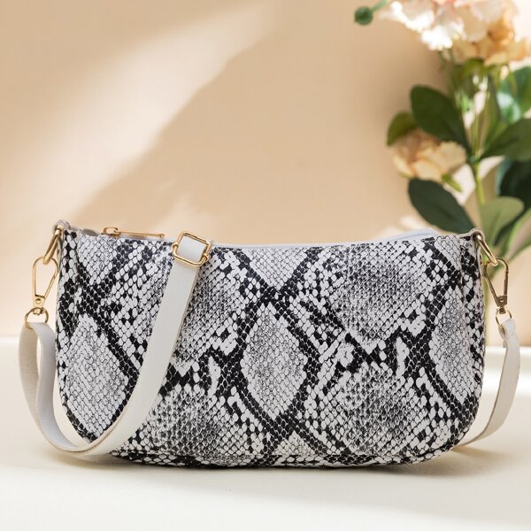

Snakeskin Print Baguette Bag, White