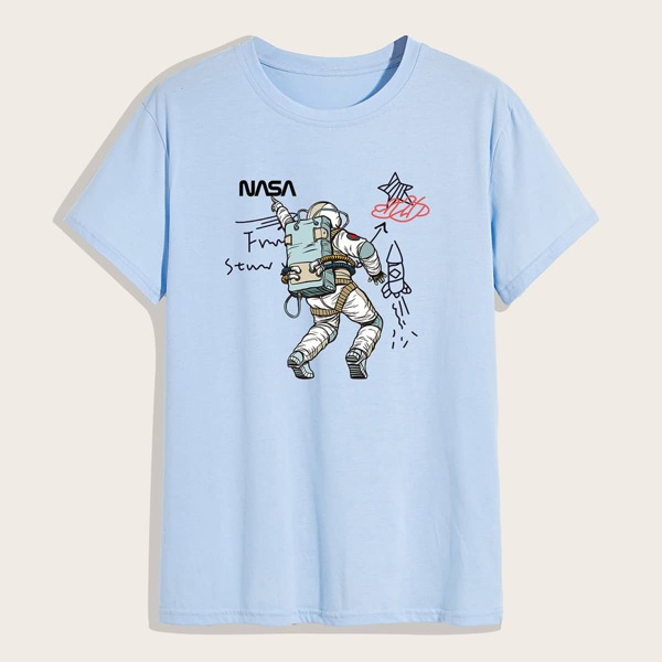 

Men Letter & Cartoon Astronaut Print Tee, Baby blue