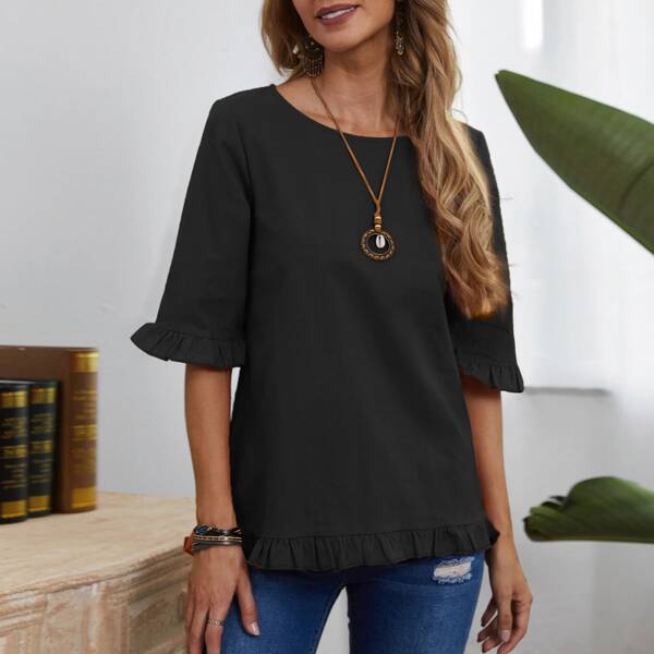 

Solid Ruffle Hem Blouse, Black