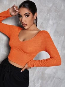 SHEIN Privé v領素色合身短版T恤 - 橘色 - 查看 1