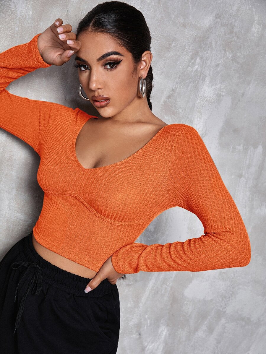 SHEIN Privé v領素色合身短版T恤 - 橘色 - 查看 1