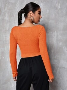 SHEIN Privé v領素色合身短版T恤 - 橘色 - 查看 2