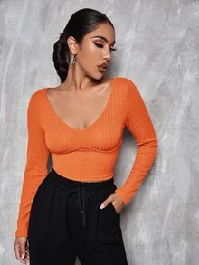 SHEIN Privé v領素色合身短版T恤 - 橘色 - 查看 3