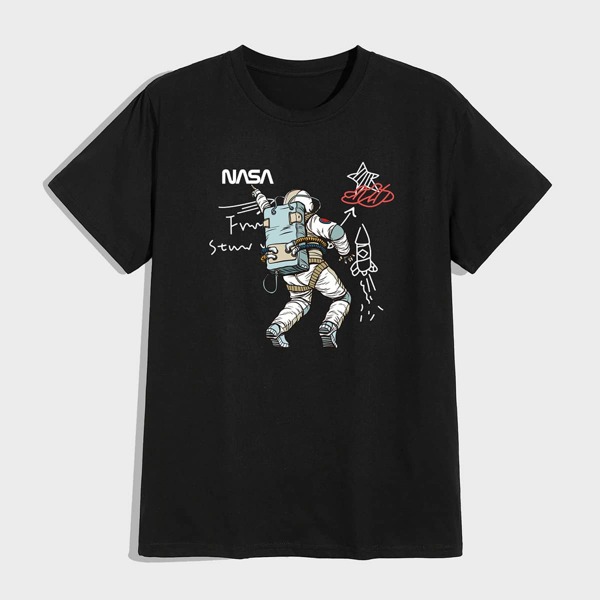 

Men Letter & Cartoon Astronaut Print Tee, Black