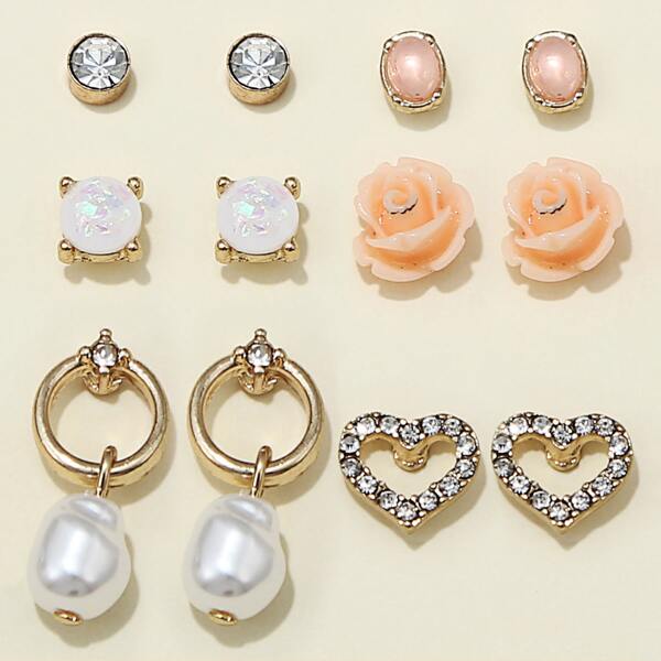 

6pairs Flower & Heart Design Earrings, Multicolor