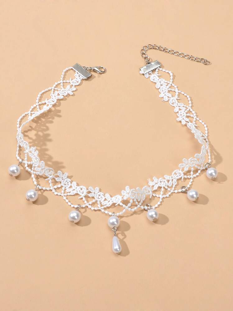 人造珍珠吊墜項鍊 - 白色 - 查看 2