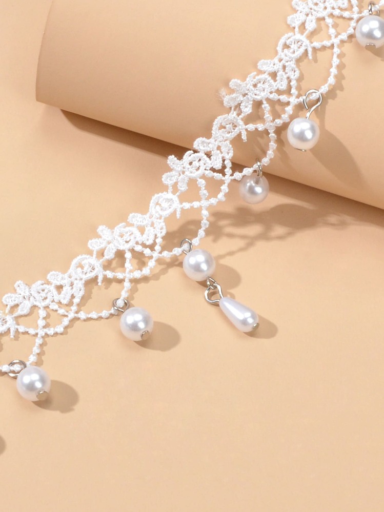 人造珍珠吊墜項鍊 - 白色 - 查看 3