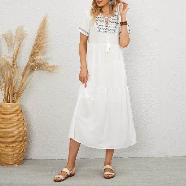 

Tie Neck Embroidery Panel Smock Dress, White
