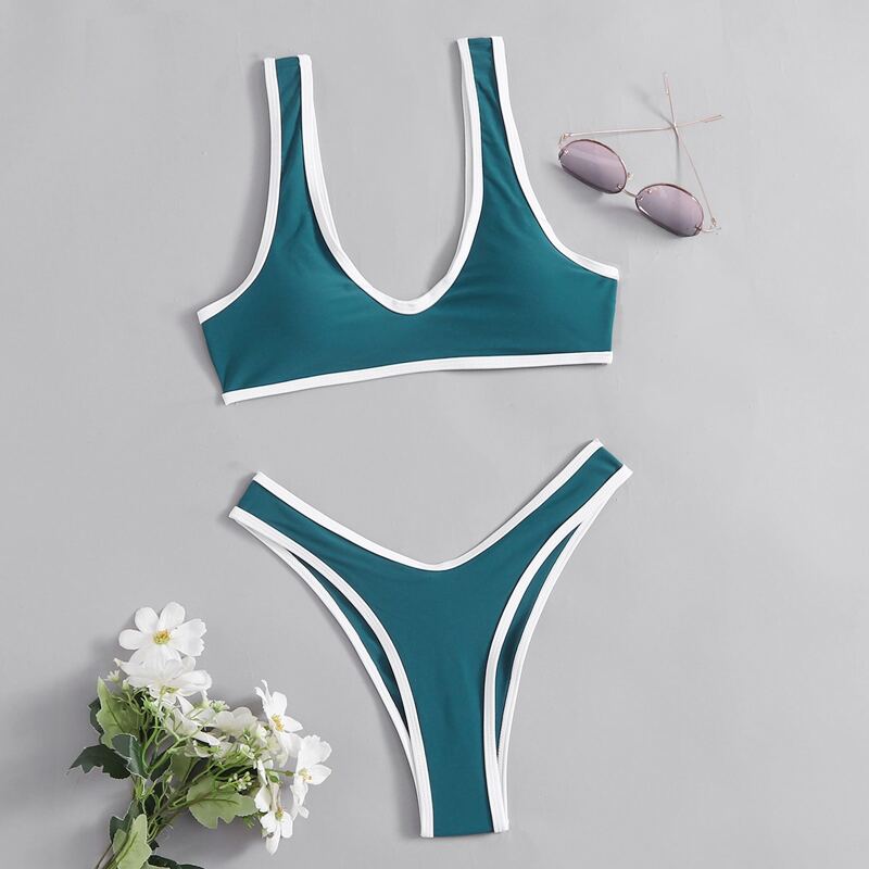 

Contrast Binding Bikini Swimsuit, Green