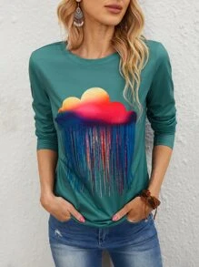 雲朵圖案長袖T恤 - 青碧色 - 查看 1