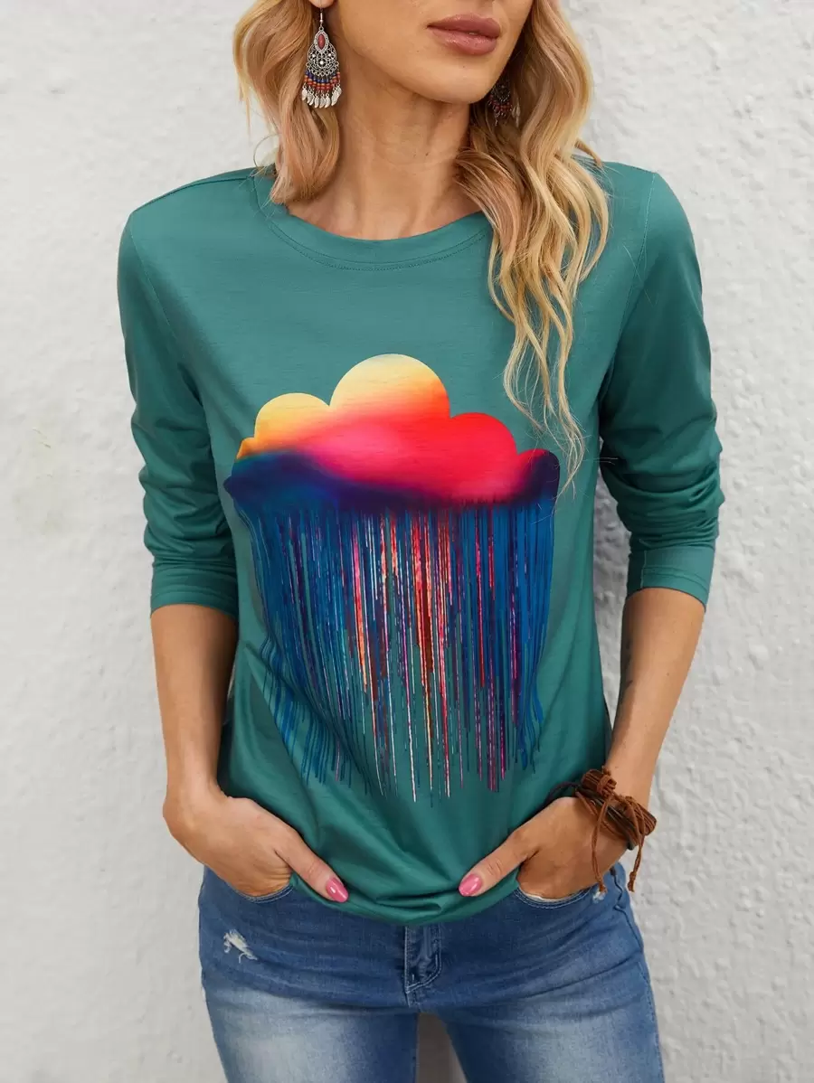 雲朵圖案長袖T恤 - 青碧色 - 查看 1