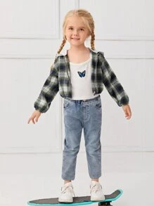 SHEIN Toddler Girls Plaid Print Jacket - Multicolor - View 1