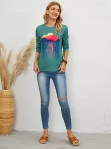 雲朵圖案長袖T恤 - 青碧色 - 查看 3