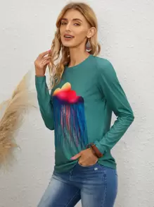 雲朵圖案長袖T恤 - 青碧色 - 查看 4