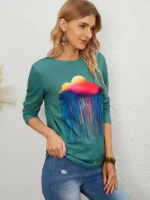 雲朵圖案長袖T恤 - 青碧色 - 查看 5