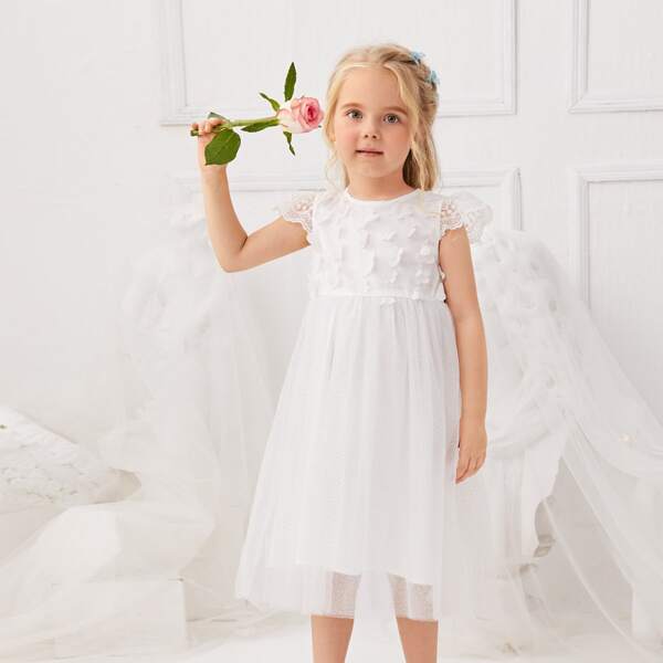 

Toddler Girls Appliques Lace Sleeve Mesh Dress, White