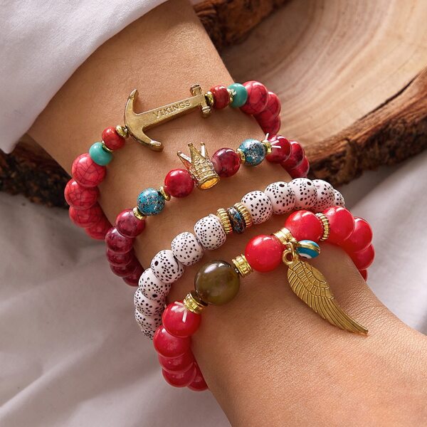 

4pcs Crown & Anchor Decor Beaded Bracelet, Red