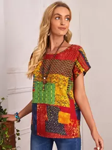 EMERY ROSE Patchwork Print Top - Multicolor - View 5