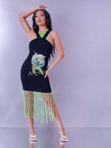 SHEIN Graphic & Letter Print Macrame Fringe Hem 2 In 1 Dress - Multicolor - View 1