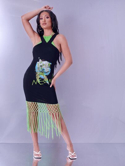 SHEIN Graphic & Letter Print Macrame Fringe Hem 2 In 1 Dress