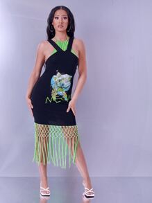 SHEIN Graphic & Letter Print Macrame Fringe Hem 2 In 1 Dress - Multicolor - View 4