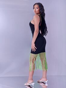 SHEIN Graphic & Letter Print Macrame Fringe Hem 2 In 1 Dress - Multicolor - View 5