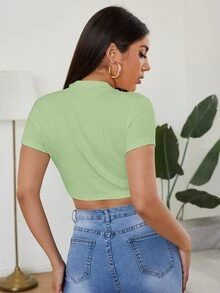 SHEIN EZwear Mock Neck Crop Tee - Lime Green - View 2