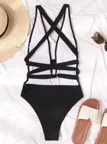 SHEIN Swim Summer Beach Crisscross Knot Plunging One Piece Swimsuit