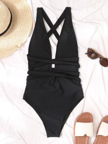 SHEIN Swim Summer Beach Crisscross Knot Plunging One Piece Swimsuit