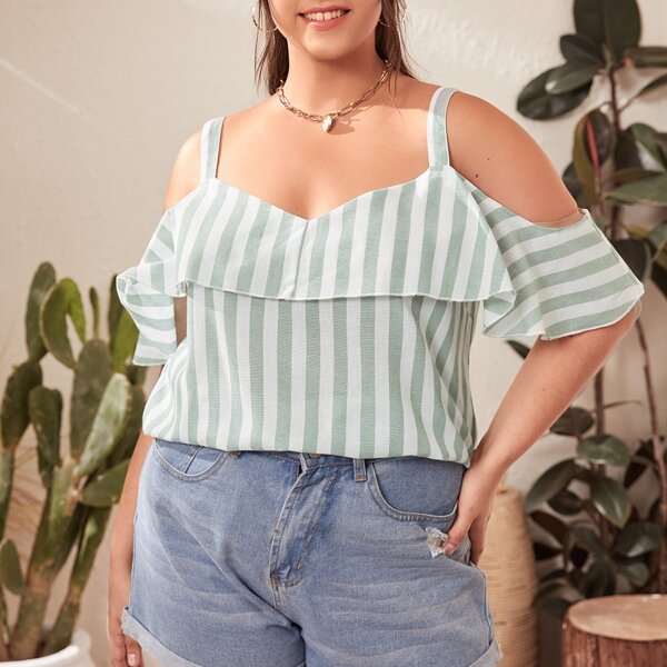 

Plus Striped Cold Shoulder Blouse, Multicolor