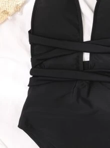 SHEIN Swim Summer Beach Crisscross Knot Plunging One Piece Swimsuit