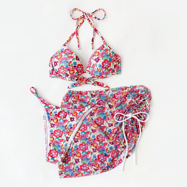 

3pack Floral Push Up Bikini Swimsuit With Beach Skirt, Multicolor