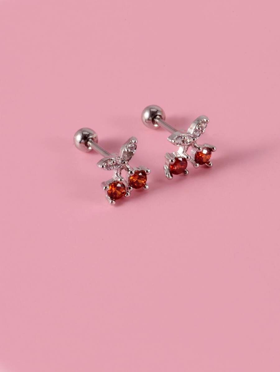 Cherry Design Cubic Zirconia Earrings - Silver - View 1