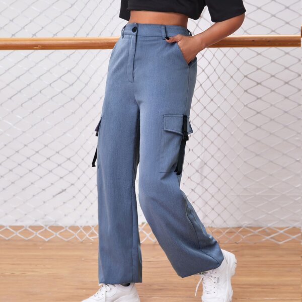 

Buckle Strap Pocket Patched Pants, Dusty blue