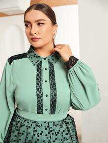SHEIN طقم تنورة شبكي بزهر اقحوان مع بلوزة مقلم بدانتيل مقاس كبير