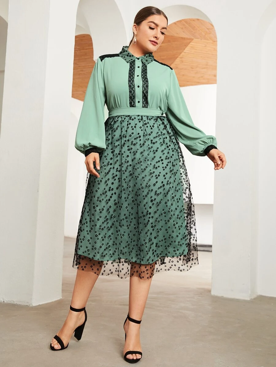 SHEIN طقم تنورة شبكي بزهر اقحوان مع بلوزة مقلم بدانتيل مقاس كبير