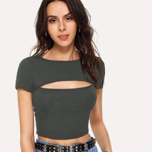 

Cut Out Front Solid Crop Tee, Dark grey