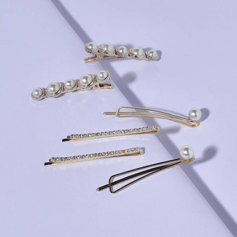 

6pcs Faux Pearl & Rhinestone Hair Clip, Multicolor